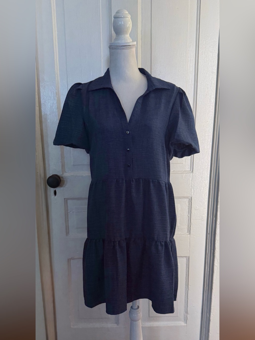 DKNY Indigo Blue Tiered Mini Shirt Dress Puff Sleeve Collared A-Line Size 8 - Picture 3 of 12
